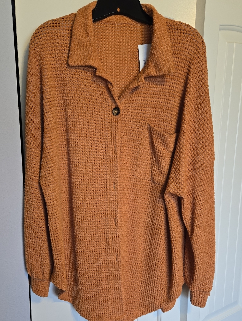 Textured Waffle Knit Button-Up Shirt in Rust